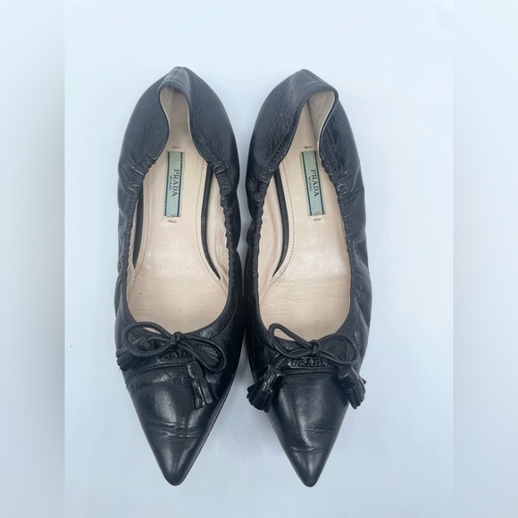 Prada Black Leather Cap toe logo embellish bow tie stretch ballerina flats EU 38 - Picture 7 of 13